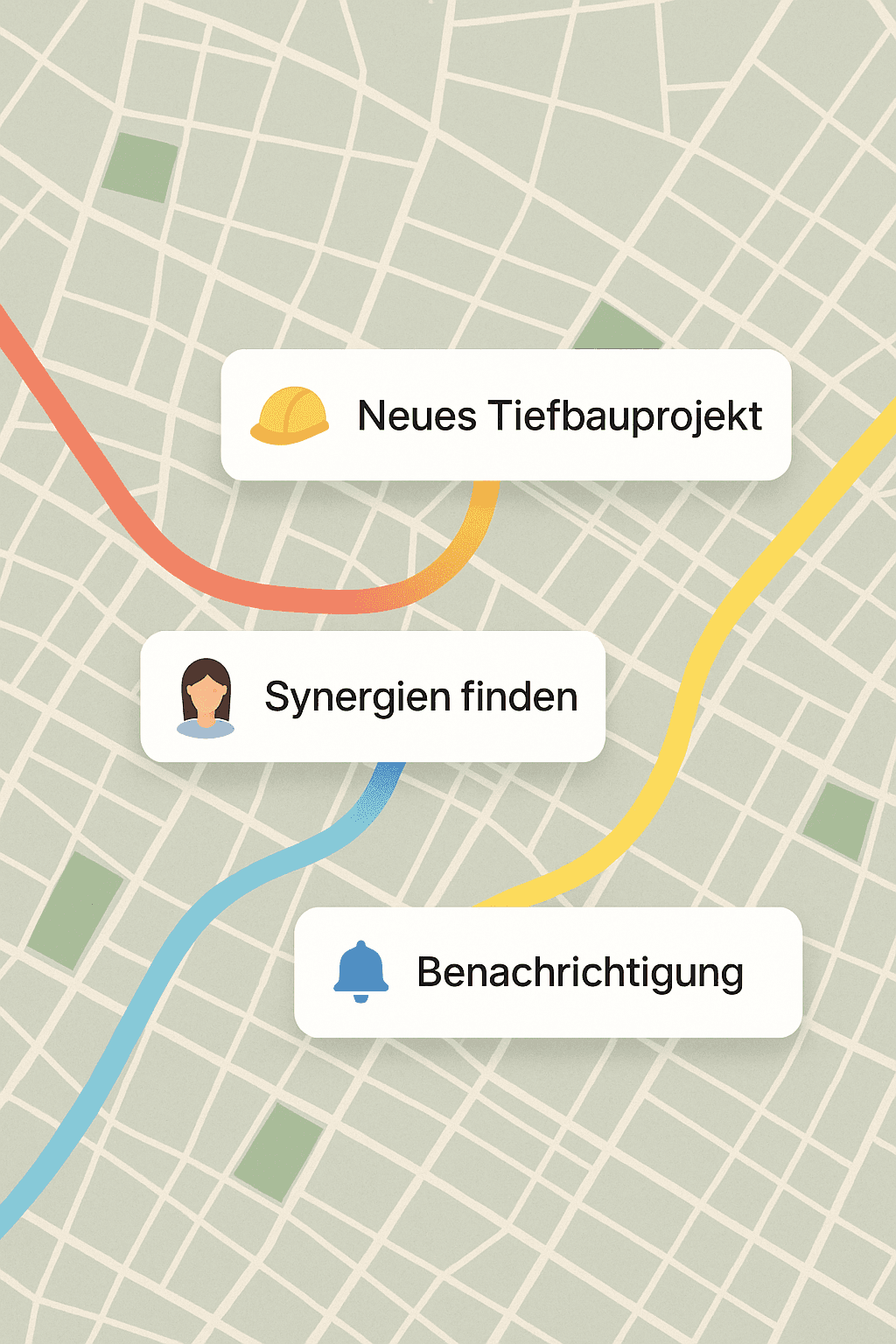 Projektkarte im Tiefbauatlas mit eingetragenen Vorhaben, erkannten Synergien und automatischen Benachrichtigungen